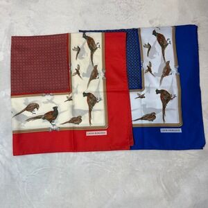 Laura Borghese Pheasant Bird Equestrian Silk Feel Square Scarf Set Red Blue 2pc